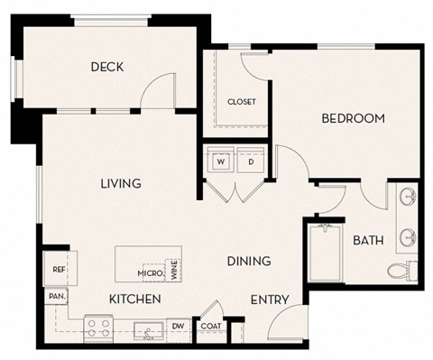 Floor plan for 1 bed, 1 bath, 734 sqft